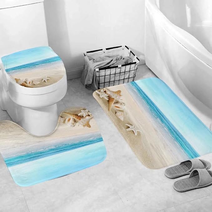 Chrainy 4Pcs Summer Beach Shower Curtain Sets Sea Bathroom Set Decor with Non-Slip Rugs Bath U-Shaped Mat Toilet Lid Cover Waterproof Bathroom Curtain Shower Set with 12 Hooks