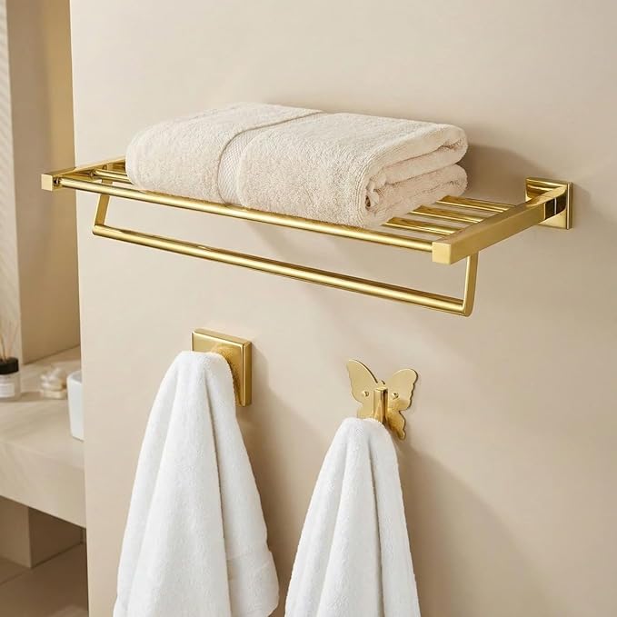 Roshan Handcrafted and Hand Polished Multi Purpose Towel Rack, Rust Proof and Peel Resistant Towel Shelf, Includes 2 Handmade Hooks (Polished Gold)
