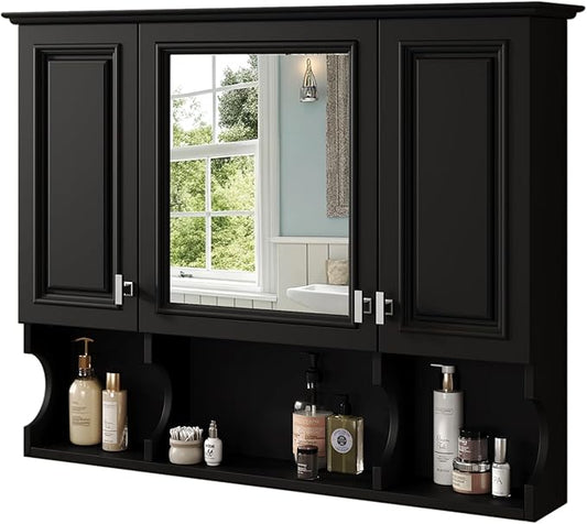 Virubi Bathroom Wall Cabinet with Mirror, Medicine Cabinet with 3 Doors and Adjustable Shelf, Space Saver Storage Cabinets Over The Toilet for Bathroom (35'' x 28'') (Black Color)