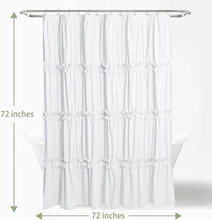 Farmhouse Ruffle Shower Curtain with Handmade Ruched, Vintage Ruffled Fabric Bathroom Curtains, Decorative Elegant Bathroom Curtain with 12 Holes, White, 72" W x 72" H(N60049)