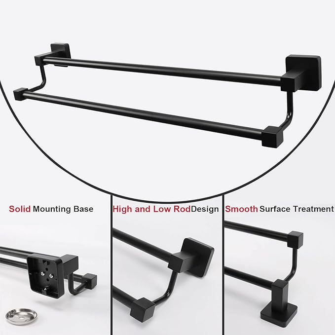 TocTen Double Bath Towel Bar - Thicken SUS304 Stainless Steel Towel Rack for Bathroom, Bathroom Accessories Double Towel Rod Heavy Duty Wall Mounted Square Towel Holder (Matte Black,24 INCH)
