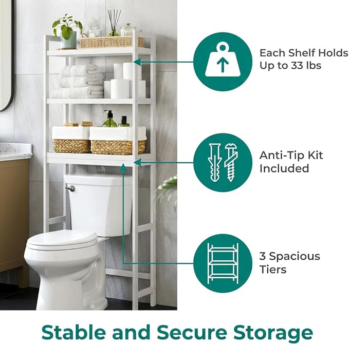 Over the Toilet Storage, 3-Tier Bamboo Bathroom Organizer with Adjustable Shelf, Space-Saving Rack, 66.9" Tall (Natural Color)