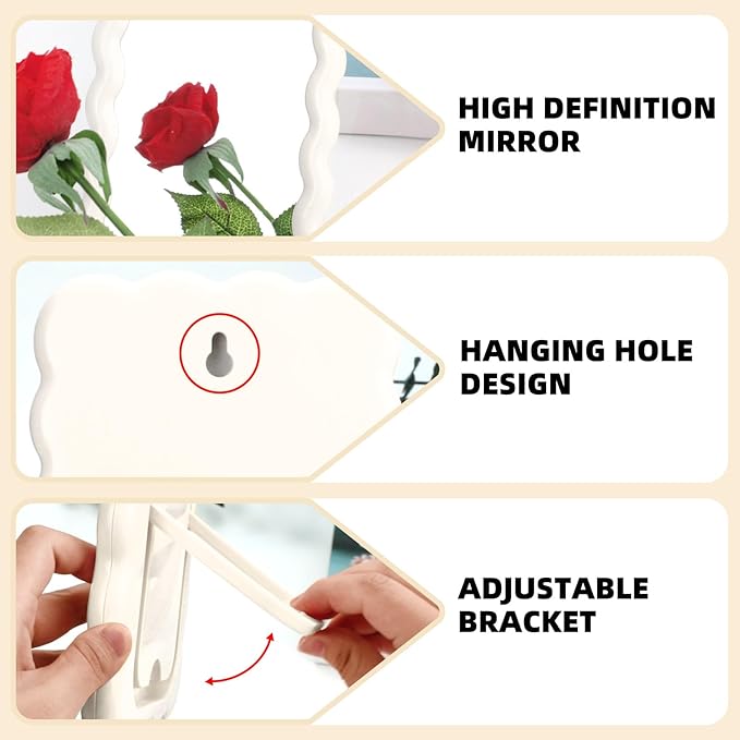 Wave Shaped Table Desk Vanity Makeup Mirror Cute Portable Travel Folding Make Up Mirror for Standing Hanging 6.7X5.3 Inch Home Decoration (White)