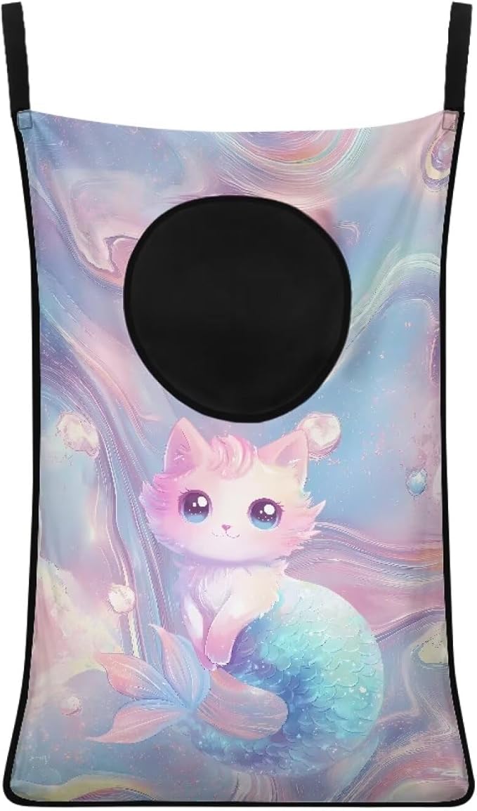 ZOUTAIRONG Cat And Fish Design Over The Door Laundry Hamper Hanging Storage Bag Over The Door Closet Organizers Clothes Hampers Space Saving Laundry Bag