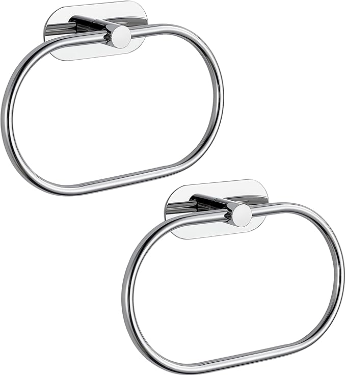 Towel Bar/Bath Towel Ring, Self Adhesive Hand Towel Ring for Bathroom, Stainless Steel Sticky Hand Towel Holder, No Drilling Modern Round Towel Hanger Wall Mounted (2 Pack, Chrome)