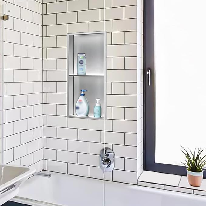 Neodrain No Tile Shower Niche, Stainless Steel Wall Niche 13.1"X25.1"(Inner Size 12"X24"), Two-Tier Bathroom Shelf Waterproof Cubby, NO Tile Needed Recessed Cabinet for Bathroom Storage
