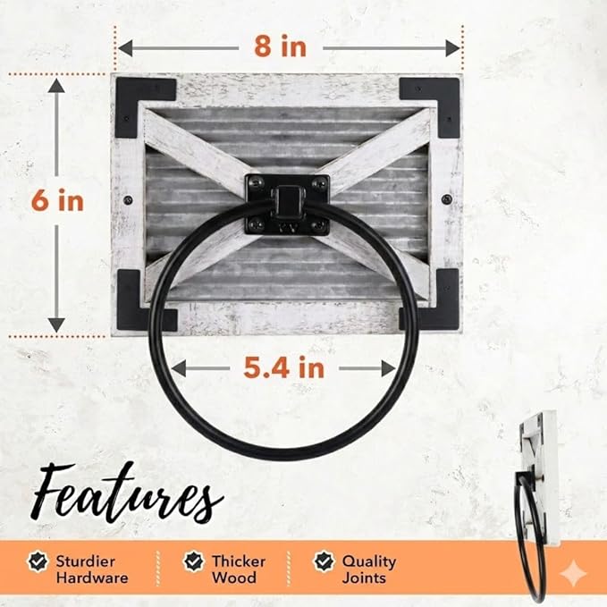 Autumn Alley Farmhouse White Hand Towel Holder Ring with Bracket - Rustic Hand Towel Holder - Towel Rings for Bathroom Wall Mounted Decor Mix of Wood, Galvanized Metal & Black Rings, White