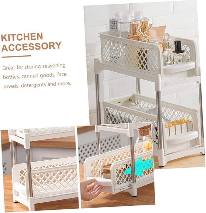VOSAREA Double Layer Under Sink Organizer White Bathroom Shelf Adjustable Storage Trays Multi-Function Kitchen and Bathroom Organizer for Countertop Supplies