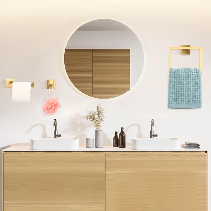 Gisafai 15 Pcs Gold Bathroom Hardware Accessories Set 23.6 Inch Bath Towel Bar Kit Stainless Steel Bathroom Hardware Set Towel Racks Ring Robe Hooks Paper Holder for Wall Mounted