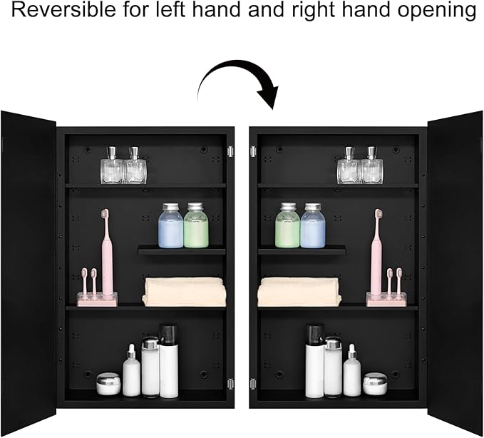 Fundin Black Medicine Cabinet Recessed or Surface Mount, Bathroom Medicine Cabinet with 18 x 30 Beveled Mirror and Adjustable Staggered Shelves, Wall Mount