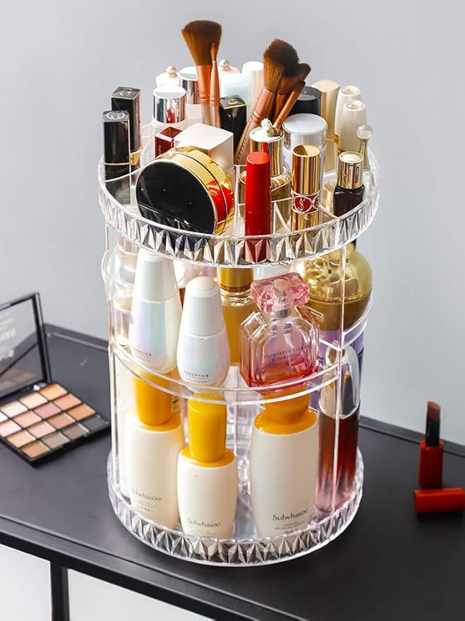 PJLANDI Acrylic 360 Degree Rotation Makeup Organizer, Cosmetic Storage holder shelf rack Perfume in Bathroom Dresser Diamond Pattern for skin care stand