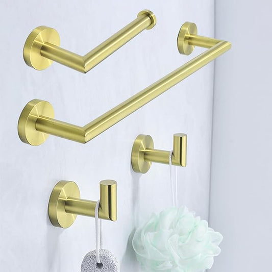 Brushed Gold Bathroom Hardware Accessories Set 4 Pieces Bath Towel Bar Set with 18 Inch Towel Bar,Toilet Paper Holder,Towel Hooks,SUS 304 Stainless Steel Wall Mounted Bathroom Towel Rack Set