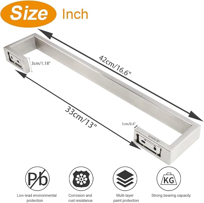 TocTen Bath Towel Rack - Square Base Thicken SUS304 Stainless Steel Towel Bar for Bathroom, Bathroom Bar Accessories Towel Rod Heavy Duty Wall Mounted Towel Holder (Brushed Nickel, 16 Inch)
