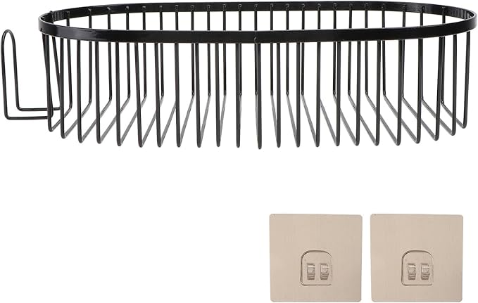 Punch-Free Iron Oval Bathroom Storage Rack, Wall-Mounted Hanging Basket with Drainage, Black Multifunctional Household Shelf for Bathroom and Kitchen Organization