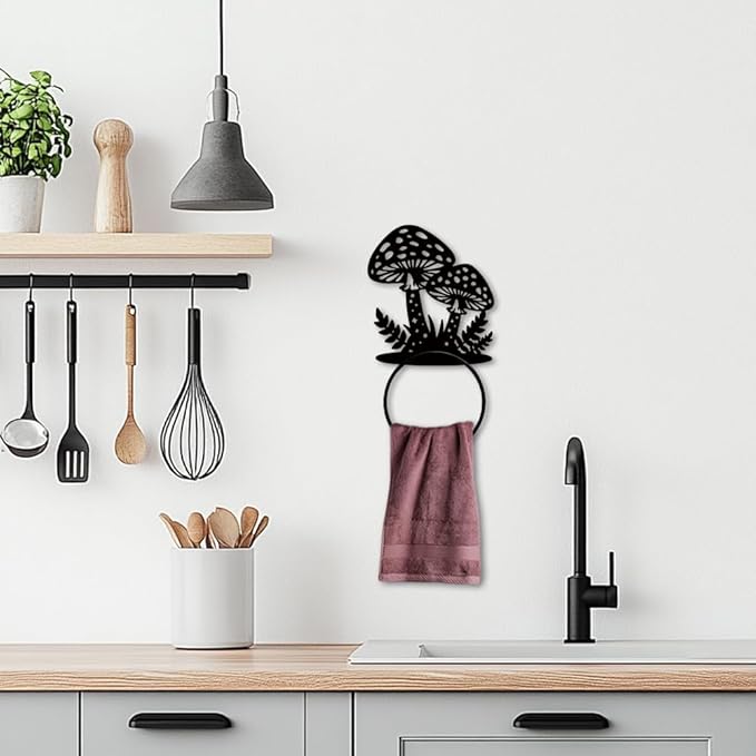 MAYJOYDIY Mushroom Metal Towel Ring Mushroom Leaf Towel Holder Star Dots Pattern Towel Ring Black Art Towel Rack Wall Mounted for Bathroom Kitchen Towel Hanger Home Decors Gift