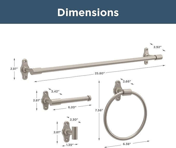 Franklin Brass Calloway 4-Piece Bathroom Set Satin Nickel 18" + 6" Towel Rack, Toilet Paper Holder, Hand Towel Holder, Hook | 4-Piece Bath Hardware Accessories Set CLWY64-SN