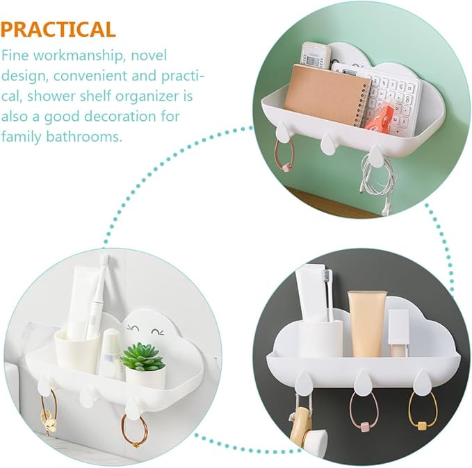 Cloud-Shaped Hanging Bathroom Shelf with Hooks, White Plastic Wall Storage Rack for Home Bathroom Organizer and Wall-Mounted Storage Basket