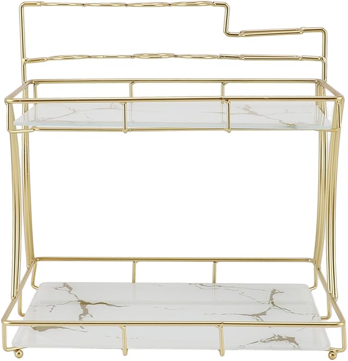 Double Layer Countertop Storage Rack, Bathroom Countertop Organizer with Electric Toothbrush Holder, Iron and Glass Counter Shelf for Toiletries and Cosmetics (White Background Gold Grain)