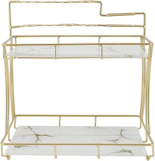Double Layer Countertop Storage Rack, Bathroom Countertop Organizer with Electric Toothbrush Holder, Iron and Glass Counter Shelf for Toiletries and Cosmetics (White Background Gold Grain)