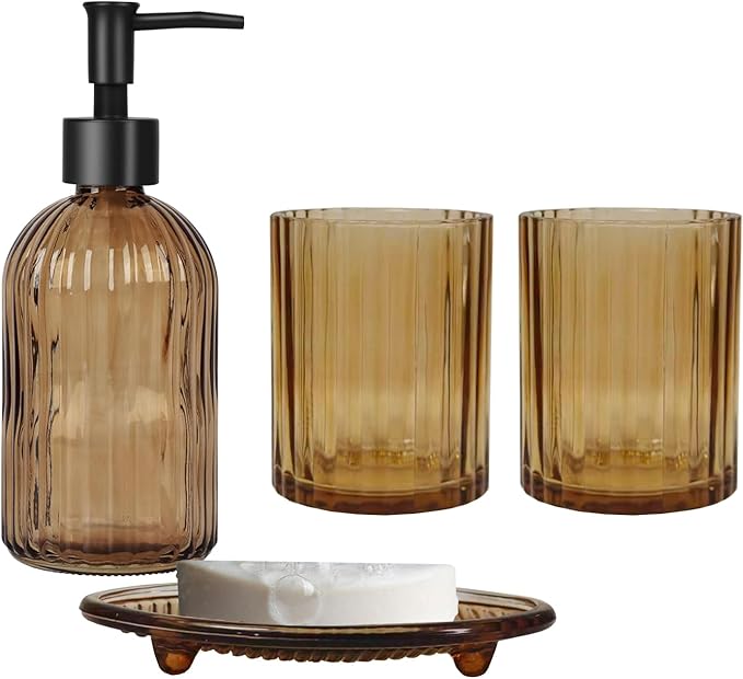 Glass Bathroom Accessories Set, 4Pcs Soap Dispenser Set Includes Soap Dispenser, Toothbrush Holder, Mouthwash Cup, Soap Dish for Home Decor, Countertop Vanity Organize (Brown)