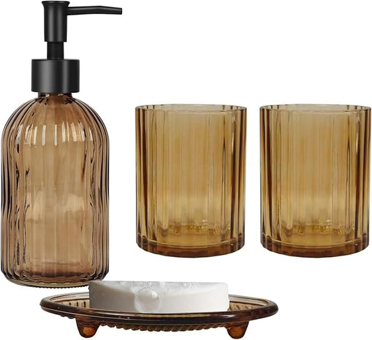 Glass Bathroom Accessories Set, 4Pcs Soap Dispenser Set Includes Soap Dispenser, Toothbrush Holder, Mouthwash Cup, Soap Dish for Home Decor, Countertop Vanity Organize (Brown)