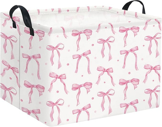 Rectangular Baby Kids Storage Basket for Home Kitchen Girls Cute Toy Storage Bin Organizer Shelf Book Room Decor(Dot Bowknot)