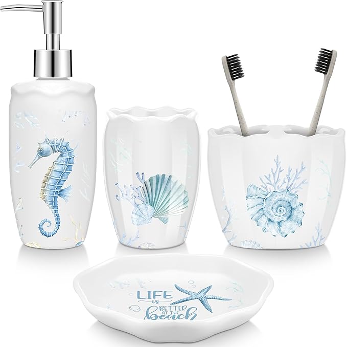 Vesici 4 Pcs Beach Bathroom Accessories, Ocean Animals Bathroom Decor, Under The Sea Tumbler, Soap Dispenser, Toothbrush Holder, Starfish Soap Dish for Ocean Beach Theme Decoration