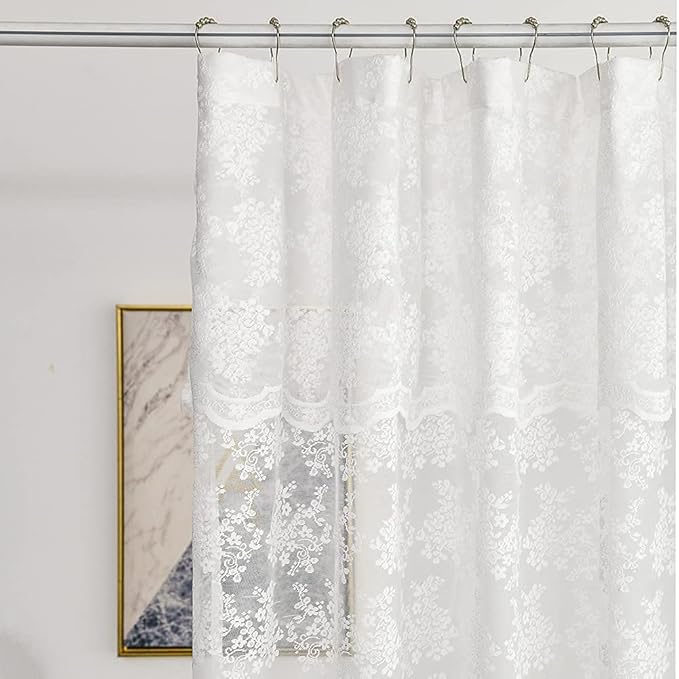 YJ YANJUN White Lace Shower Curtain - Victorian Shower Curtain with Attached Valance, Floret Lace Shower Curtain for Bathroom Scalloped Edge, 72 x 72 Inch, 1 Panel