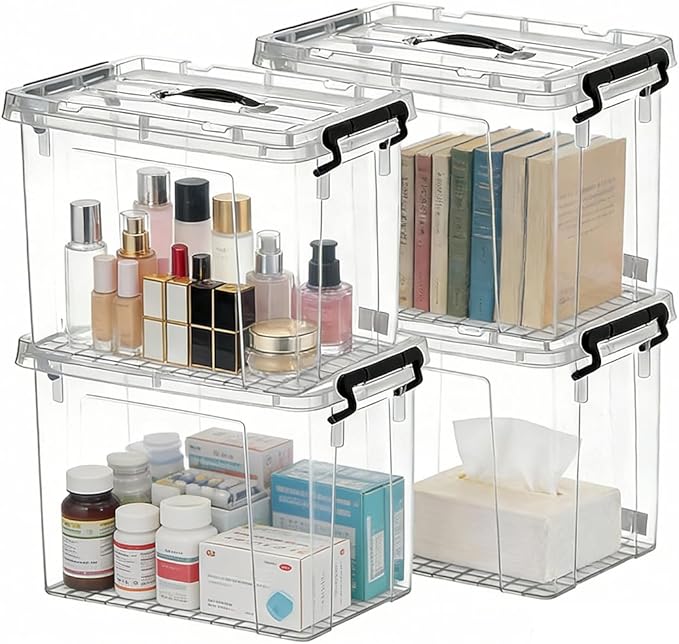 4 Pack 28 Qt Clear Storage Bins with Lids, Stackable Plastic Organizer for Home, Office, Garage, BPA-Free, Heavy-Duty, See-Through Containers with Secure Latches & Handles