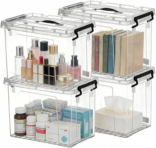 4 Pack 28 Qt Clear Storage Bins with Lids, Stackable Plastic Organizer for Home, Office, Garage, BPA-Free, Heavy-Duty, See-Through Containers with Secure Latches & Handles