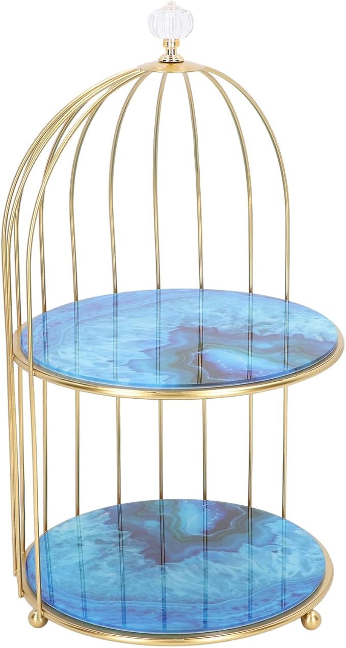 Double Layer Storage Shelf Bird Cage Organizer Display Rack for Bathroom Countertop Dressing Table Gold Frame (Agate Stone Pattern)