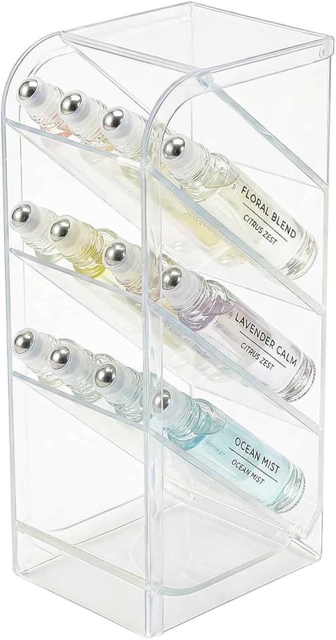 4-Tier Acrylic Rollerball Perfume Organizer, 45° Slanted Perfume Holder, Transparent ScentBird & Travel Size Perfume Sample Storage Case