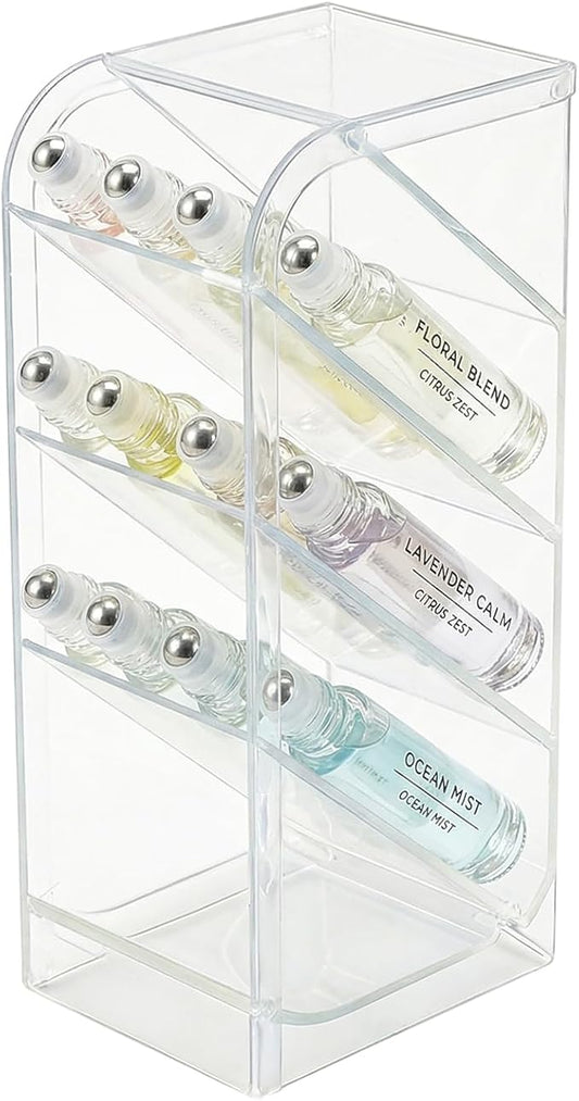 4-Tier Acrylic Rollerball Perfume Organizer, 45° Slanted Perfume Holder, Transparent ScentBird & Travel Size Perfume Sample Storage Case
