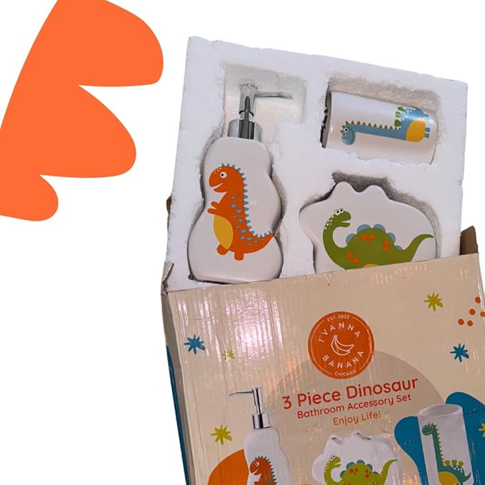 Kids Dinosaur Bathroom Set – 3-Piece Fun Bathroom Accessories for Kids, Including Toothbrush Holder, Soap Dispenser, and Cup – Adorable Dinosaur Décor for a Playful Bathroom.