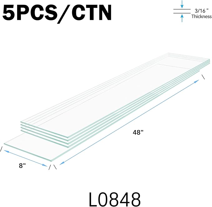 08" x 48" 5-PCS Tempered Glass Shelf, Rectangular Frameless Glass Shelves - 3/16" Thick, Suitable for Bookshelves, Display Cases, Retail Fixtures and Tabletops