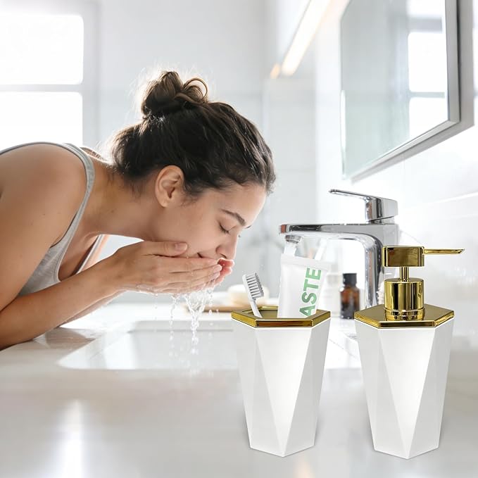 2 PCS White and Gold Bathroom Accessories Set, Bathroom Accessories Include Soap Dispenser and Toothbrush Holder, Morden Bathroom Décor, Bathroom Sets Accessories