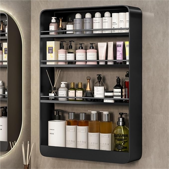 Multi-Layer Wall Mounted Bathroom Shelves, Punch-Free Makeup Organizer, Metal Wall Hanging Spice Rack, Multifunctional Wall Shelves for Kitchen, Bathroom or Living Room(Black,Large)