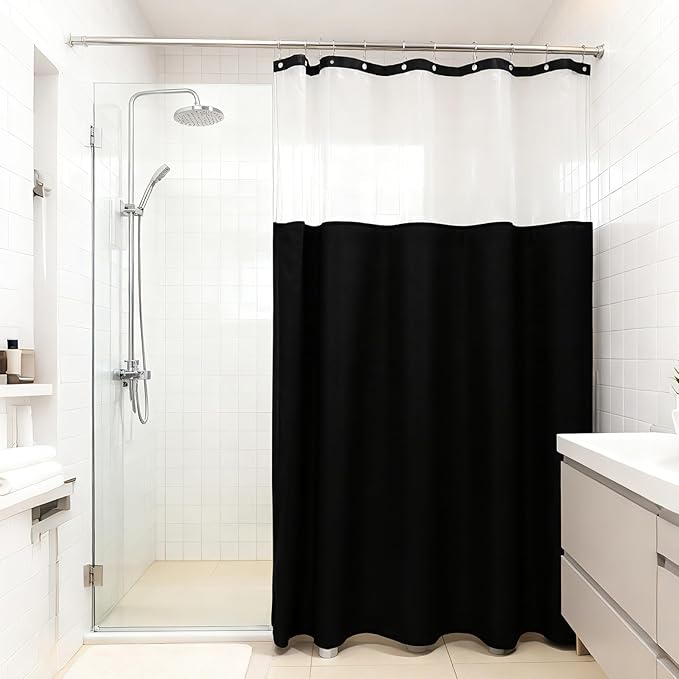 23 Pcs Bathroom Set with Shower Curtain and Rugs Black Bathroom Accessory Set, Shower Curtain with Liner, Memory Foam Bathroom Rugs, Toilet Brush, Trash Can, Soap Dispenser, Countertop Set