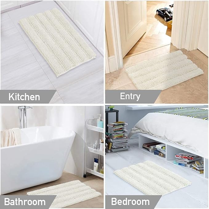 Turquoize Chenille Bathroom Rugs Set Non-Slip Bath Mats for Bathroom Super Absorbent Shaggy Rugs for Tub Shower Toilet Plush Bath Rug Plus U Contour Rug (Oversized: 24" x 36" and 20" x 24" U), Cream