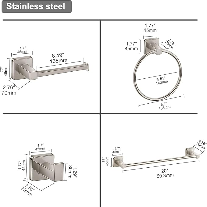 Bathroom Hardware Accessories Set 4 Pieces, Brushed Nickel Stainless Steel Towel Bar Set, Includes 20In Towel Bar, Towel Ring, Robe Towel Hooks,Toilet Paper Holder, Bathroom Towel Rack Set