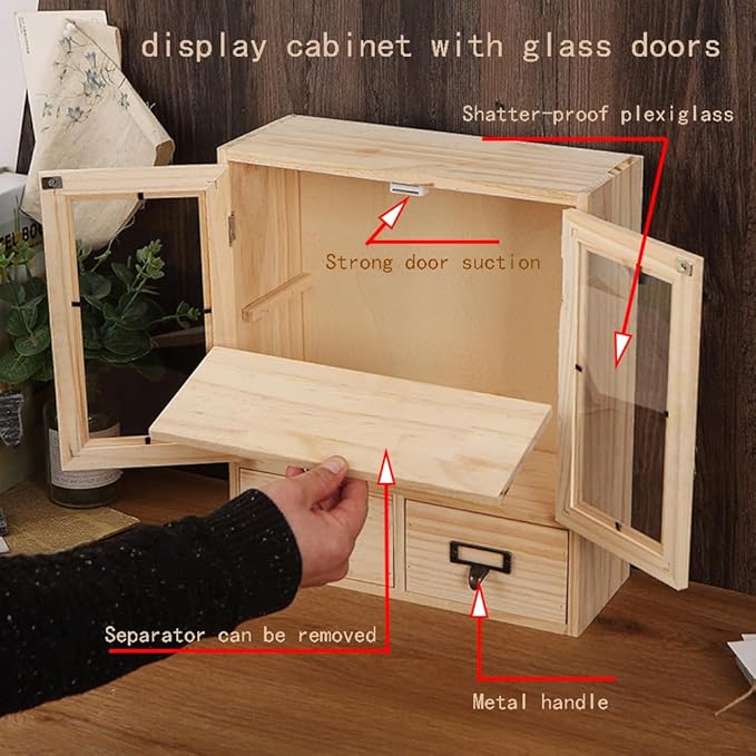 RZGKLSH Countertop Medicine Cabinet - 12.2"x4.7"x14.2"Vintage Cabinet - Pantry Storage - Glass & Wood Storage Cabinets with Doors and Shelves - Floating Shelf (Burlywood)
