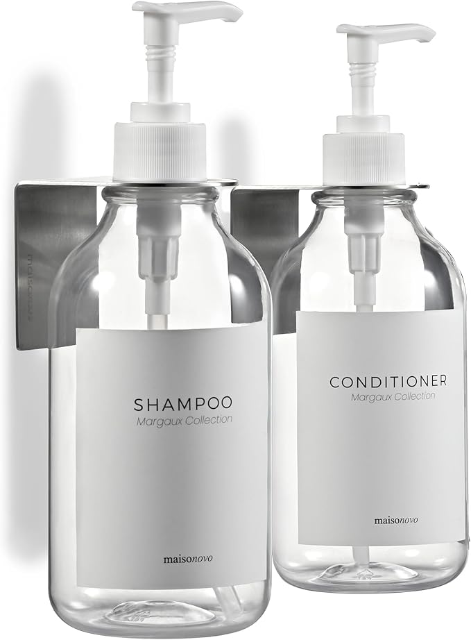 Shampoo and Conditioner Dispenser Wall Mounted Set of 2 Clear - No Drill Shower Soap Dispenser for Bathroom Refillable - Spa Hotel Style Accessories by MaisoNovo