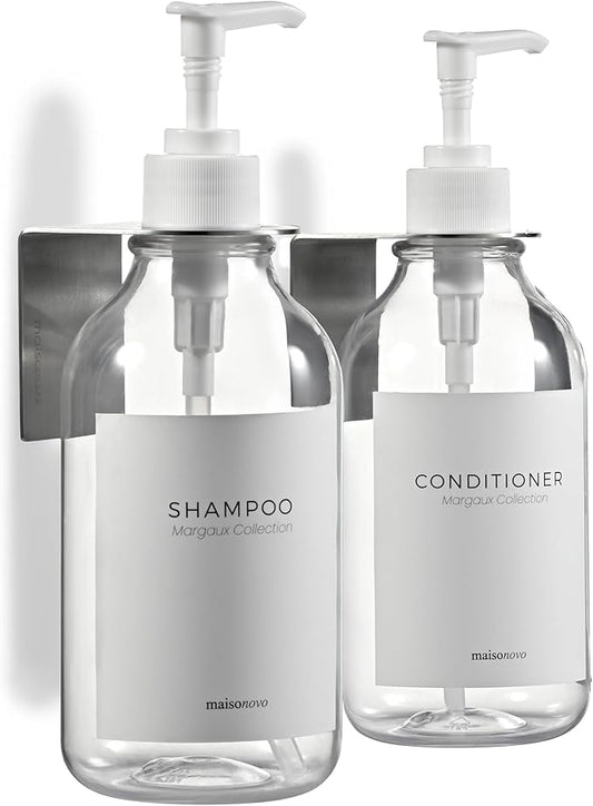 Shampoo and Conditioner Dispenser Wall Mounted Set of 2 Clear - No Drill Shower Soap Dispenser for Bathroom Refillable - Spa Hotel Style Accessories by MaisoNovo