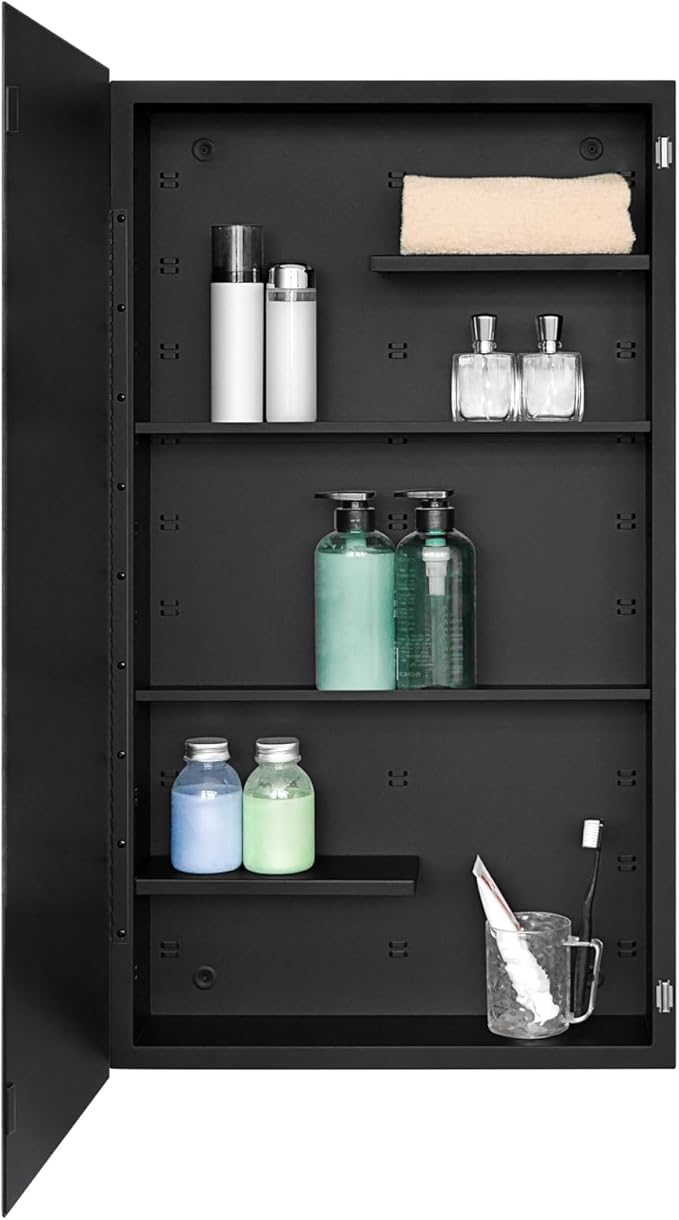 Fundin Black Medicine Cabinet Recessed or Surface Mount, Bathroom Medicine Cabinet with 20 x 36 Mirror Size and Adjustable Staggered Shelves