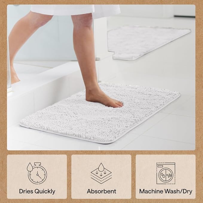 GORILLA GRIP Bath Rug Mat 54x24, Thick Soft Absorbent Chenille, Quick Dry Microfiber Mats, Rubber Backing Washable Shower Floor Rugs, Bathmat Runner, US Designed Bathroom Home Decor Accessories White