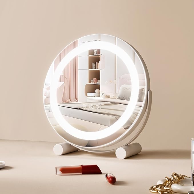 VEVOR 12” Vanity Mirror with Lights, LED Makeup Mirror 3 Color Lighting Modes, with 5X Magnification Mirror, Smart Touch Control, 360°Rotation,Round Lighted Makeup Mirror for Bedroom Tabletop (White)