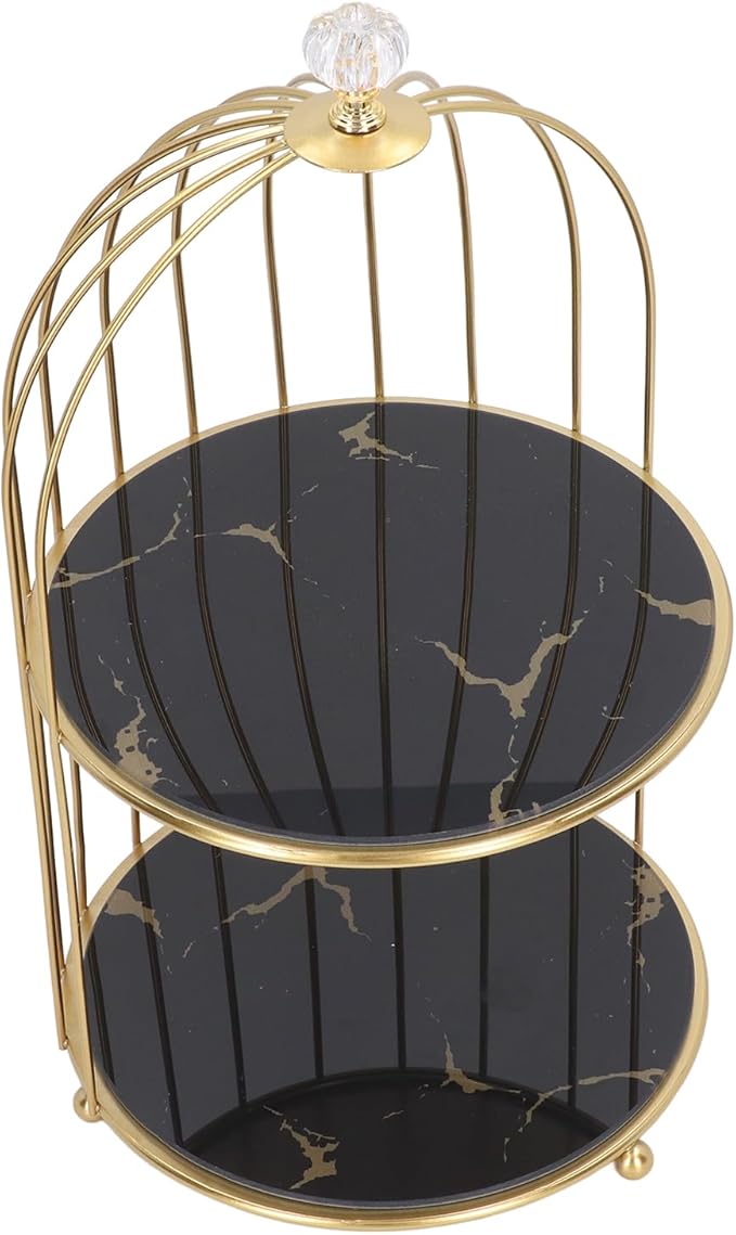 Double Layer Storage Shelf Bird Cage Organizer Display Rack for Bathroom Countertop Dressing Table Gold Frame (Black Base Gold Pattern)