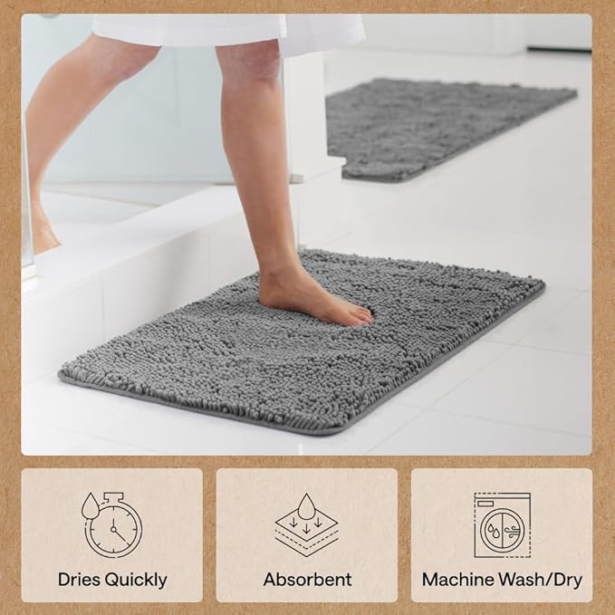 GORILLA GRIP Bath Rug Mat 48x17, Thick Soft Absorbent Chenille, Quick Dry Microfiber Mats, Rubber Backing Washable Shower Floor Rugs, Bathmat Runner, US Designed Bathroom Home Decor Accessories Grey