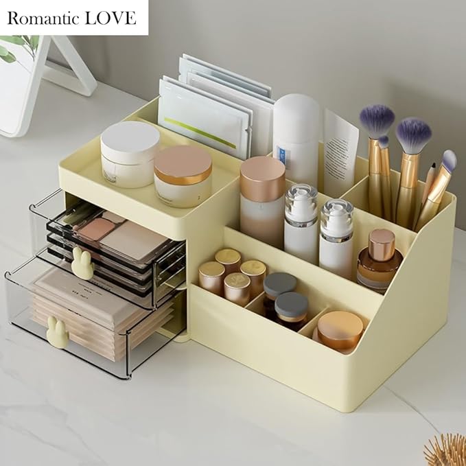Romantic LOVE Makeup Organizer with Drawers Large Capacity Countertop Organizer for Vanity Bathroom and Bedroom Desk Cosmetics Organizer (Yellow)