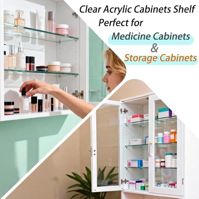 Yunguzi 2 PCS 13 Inch Acrylic Medicine Cabinet Shelves – Clear Replacement Cabinet Shelf for Bathroom, Kitchen, Living Room, Wall-Mounted & Hanging Cabinets